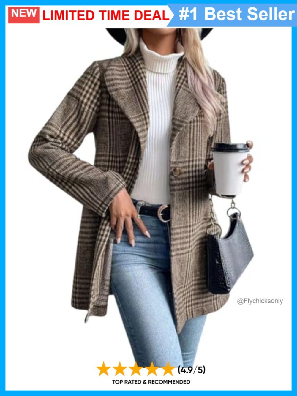Women's Vintage Plaid Wool Blend Blazer Coat Shawl Collar One Button Trench